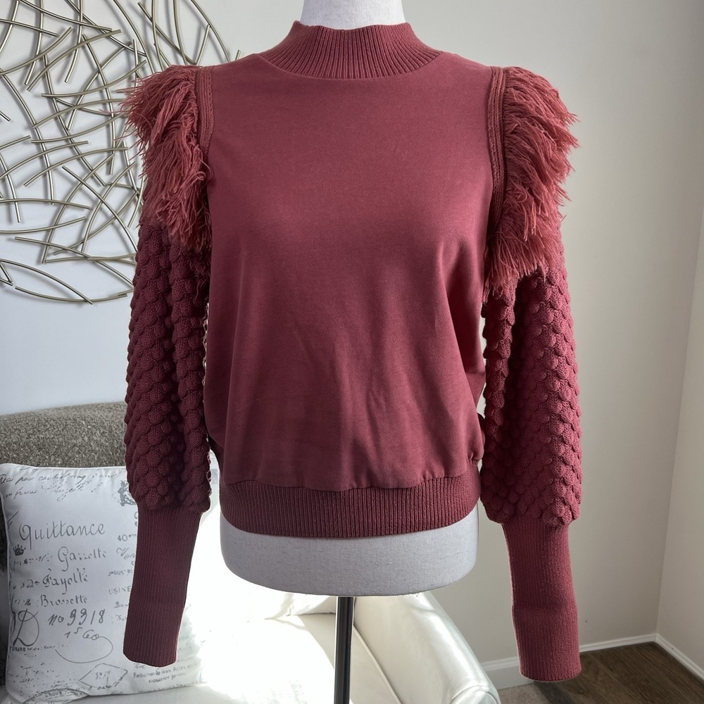 Dolan Los Angeles Burgundy Fringe Sleeve Sweater Small Mock Neck Textured Knit